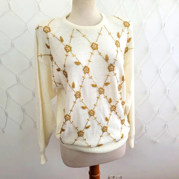 Vintage Beaded Sweater • Cream & Gold • Crew • Large • Stunning - Picture 4 of 8